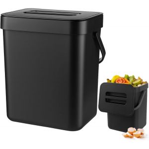 Poubelle Compost Cuisine 3L, Petit Seau &Agrave; Compost De Cuisine, Poubelle &Agrave; Suspendre, Poubelle Bio, Poubelles &Agrave; Compost Pour Plan De Travail, R&eacute;cipient Avec Couvercle, Composteur Int&eacute;rieur,Noir - Neuf