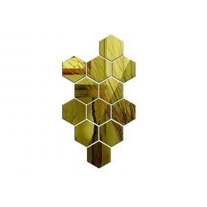 Lot de 12 stickers muraux hexagonaux dor&eacute;s effet miroir, autocollants d&eacute;coratifs - Neuf