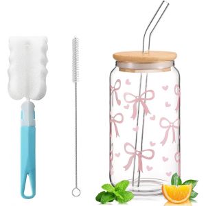 Kalanka-Gobelet Avec Paille Et Couvercle, Tasse Bubble Tea Avec Paille En Verre, 473 Ml Caf&eacute; Glac&eacute;, Verre Matcha Avec Design Papillon, Verres Cola Pour Caf&eacute; Glac&eacute;, Cocktail (Imprim&eacute; Papillon) - Neuf