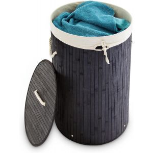 CHECARZHN--NO1-Panier À Linge Pliant Corbeille Pliable Rond En Bambou 80 Litres 65 Cm Hauteur Sac Linge Amovible, Noir - Neuf