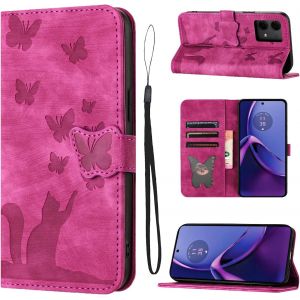 Sansh-Housse Protection Pour Motorola Moto G84 5g Matériau En Cuir Pu Coque Moto G84 Avec Fentes Pour Cartes Étui Motif Papillon Chat Coque Motorola G84 Rose - Neuf