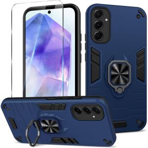 Kal-Coque Pour Samsung Galaxy A55 Avec Verre Trempé, Etui De Protection Antichoc De Qualité Militaire, Housse Avec Anneau Support Métallique, Bleu - Neuf