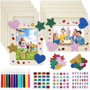 Cmwx-Kit De Cadres Photo En Bois À Faire Soi-Même Pour Enfants, 15,2 X 20,3 Cm, Avec Autocollants À Paillettes, Stylos De Couleur Et Pierres, Décorez Et Peignez Votre Propre Cadre Photo (10 - Neuf