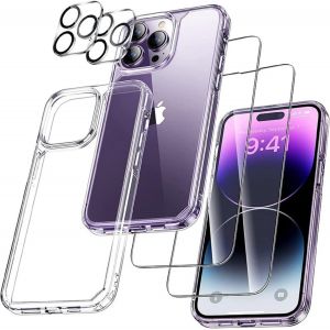 Kit 5-En-1 Iphone 14 Pro 6,1 Pouces ¿ Coque Tpu Transparente Anti-Jaunissement Anti-Choc + 2 Verres Trempés 9h + 2 Protections Lentille Caméra ¿ Protection 360° - Neuf