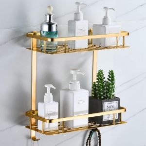 &Eacute;tag&egrave;re de Douche Sans Per&ccedil;age, Etagere Salle de Bain avec Crochets Carr&eacute; Tablette Murale pour Rangement (2 &Eacute;tages, D'or Champenois) - Neuf