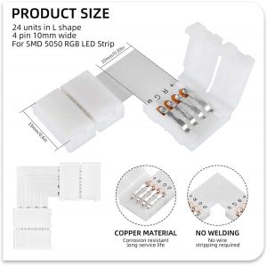 Kalanka-Lot De 24 Connecteurs Pour Bande Lumineuse Led, Connecteur D'angle Led, Kit De Connecteurs Sans Soudure Rvb 10 Mm &Agrave; 4 Broches, Connecteurs En L Pour Smd Rvb 5050/3528 De 10 Mm De Large - Neuf