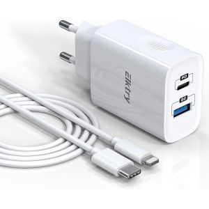 20W Chargeur iPhone Rapide,Elktry Chargeur iPhone 2 Ports [MFi Certified] avec 2M C&acirc;ble USB C vers Lightning Power Delivery 3.0 Chargeur USB C Compatible avec iPhone 12/13/11 Pro X/XS Max iPad etc - Neuf