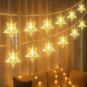 KAL-Guirlande Lumineuse Étoile 6M,40Leds Led Sapin Noël Guirlande À Pile Fairy Light Rideau Lumineux Clignotant Intérieur Extérieur Décoration Chambre Fenêtre (Blanc Chaud) - Neuf
