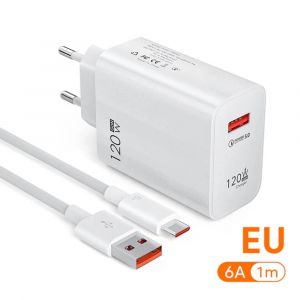 120w Usb Chargeur Rapide Charge Rapide 3.0 Usb C C&acirc;ble Type C C&acirc;ble De Charge Adaptateur De Chargeur De T&eacute;l&eacute;phone Pour Iphone 14 Xiaomi Samsung Huawei--Eu-White-6a - Neuf