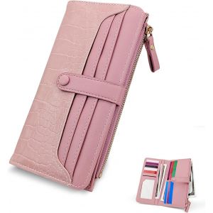 CAUC-Grand sac &agrave; main pour femme en cuir synth&eacute;tique avec 11 emplacements pour cartes et fen&ecirc;tres pour carte d'identit&eacute;, portefeuille pliable pour femme avec fermeture &eacute;clair et boucle, rose, - Neuf