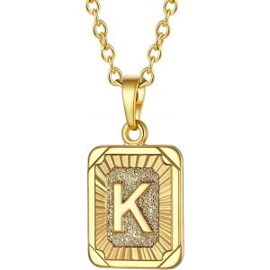 Kal-Collier Lettre Femme Plaqu&eacute; Or Jaune, Pendentif Rectangle Avec Initiale, Cha&icirc;ne Rolo Ajustable De 2,5mm/50+5cm - Neuf
