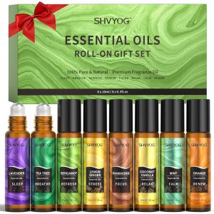 Coffret Cadeau D'huiles Essentielles à Bille 8x10ml, Huiles d'aromathérapie naturelles, Lavande, Arbre à thé, Bergamote, Encens, Vanille, Aide Dormir Calmement, Stress, Cadeau Noël pour Femmes Hommes - Neuf