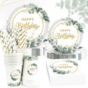 Mevronisshop-Vaisselle Jetable Anniversaire, 120 Pcs Eucalyptus Decoration Anniversaire Assiette Set 25 Invit&eacute;s - Neuf