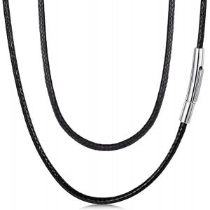 Collar De Cord&oacute;n Para Hombre Negro 2mm Cadena De Cuero Con Cierre De Acero Inoxidable Collar B&aacute;sico 70cm - Neuf