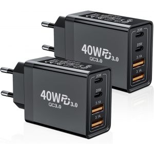 Usb C Charger, (2 Pack) 40w 4 Port Plug Usbc Fast Charger, Multiple Sector Pd+Qc Type C Adapter For Iphone 16 15 14 13 12 11 Pro Max X Xs Xr 8 7 6s Plus Se, Ipad, Samsung Galaxy S24 A55 - Neuf