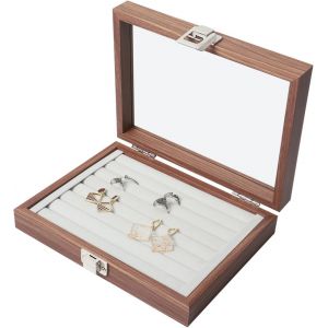 Plateau De Rangement En Velours Avec Couvercle En Verre 7 Emplacements Pour Bagues Et Boucles D'oreilles Gris - Neuf