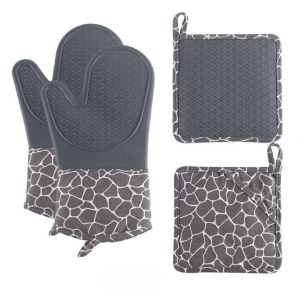 Gants de cuisine antidérapants en silicone - Résistants à la chaleur - 2 gants + 2 maniques - Pour cuisine, four, micro-ondes, barbecue, pâtisserie (gris) - Neuf