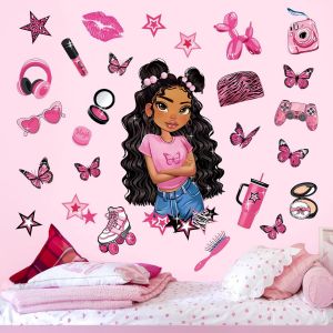 Stickers Muraux Enfant Fille Papillon Autocollant Mural Étoile Rose Pois Décoration Murale Chambre Filles Enfants Bébé Pépinière Salon - Neuf