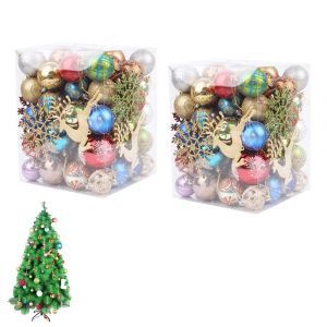 Lot de 60 boules de No&euml;l d&eacute;coratives pour sapin, styles et couleurs assortis, avec cordes de suspension et bo&icirc;te de rangement. - Neuf