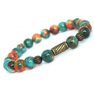 Bracelet Tib&eacute;tain Pour Femme De Diam&egrave;tre 10 Mm Style Vintage En Perles De Jade Blanc Naturel Teint&eacute;es En Marron, Orange Et Bleu, Perles En Bronze Antique - Neuf