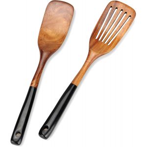 Ensemble De Spatules En Bois Pour La Cuisine, Ustensiles De Cuisine En Teck Non Toxiques, Retourneur De Cr&ecirc;pes &Agrave; Fente, Spatules Plates En Bois Pour Wok 2 Pi&egrave;ces - Neuf