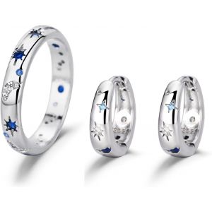 Kal-Argent Femmes Bague Lune Étoile Anneau Bague De Couple Soleil Et Lune Zircone Cubique Anneau Boucles D'oreilles Créoles Étoile Lune Boucles D'oreilles Créoles Épaisses Pour Femme Fille - Neuf