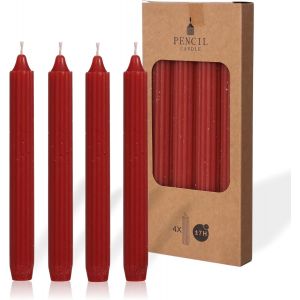 Lot de 4 bougies de table unies + nervur&eacute;es-20 cm-Dur&eacute;e de combustion : 7 heures-Rouge - Neuf