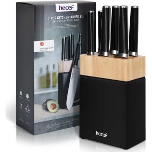 Mevronisshop-7 Pi&egrave;ces Set De Couteau Cuisine Professionnels En Acier Inoxydable, Couteaux Avec Bloc Couteaux Cuisine En Bois, Compris Couteau A Pain, Chef Etc, Noir - Neuf
