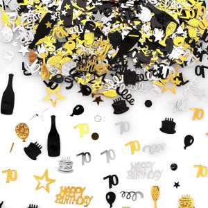 Confettis 70 Ans, Décoration Table pour 70e Anniversaire Fête, Happy Birthday (Noir Doré Argenté) - Neuf