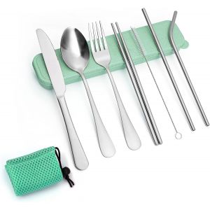 Checarzhn--No1-Ménagère De Camping 9 Pièces - Portable Et Réutilisable - En Acier Inoxydable De Qualité Supérieure - Avec Mallette De Rangement Verte Et Sac En Filet - Passe Au Lave-Vaisselle - Neuf