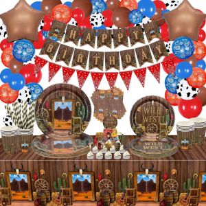 Letnerny-Décorations De Fête Cowboy - Décorations De Fête À Thème Western Cowboy Comprenant Des Assiettes, Des Serviettes, Des Bannières, Une Nappe Western, Des Ballons, Des Décorations - Servir 20 - Neuf