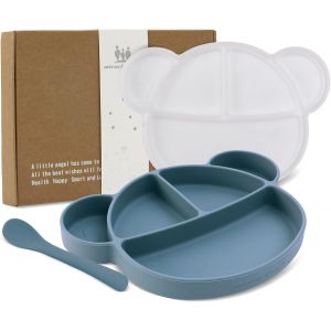 Kal-Assiette Silicone Avec Ventouse Pour B&eacute;b&eacute; Assiette Antiderapante Avec Couvercle Et Cuill&egrave;re Assiette Enfant Fille Gar&ccedil;on Set Avec Bo&icirc;te Cadeau, Sans Bpa Et Lave-Vaisselle (Bleu) - Neuf