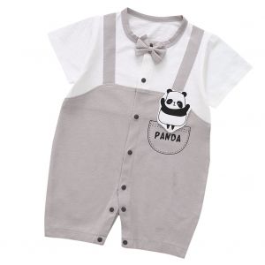 Combinaison D'ete Unisexe A Manches Courtes Pour Bebe, Motif Panda Et Noud Papillon (Gris 80) - Neuf