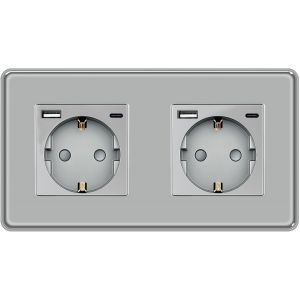 Prise Schuko avec interface de charge rapide USB de 20 W (max 4 A), standard de l'UE, 2 compartiments encastr&eacute;s avec plaque en verre incurv&eacute; 2,5D, prises murales grises 86 x 157 mm - Neuf