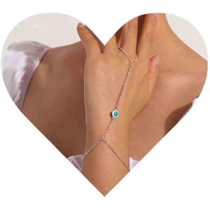 Kalsw-Boho Evil Eye Bracelet Doigt Anneau Argent Bracelet Poignet Vintage Bracelet Esclave Minimaliste Bracelet Chaîne Anneau Main Bijoux Chaîne Pour Femmes Et Les Filles Cadeaux Amulette (Argent) - Neuf