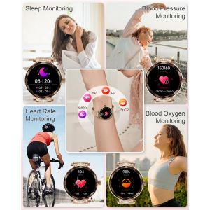 Montre Connectée Femme,Appel Bluetooth, Montre Connectée étanche IP68 à écran Tactile AMOLED De 1,19 Po, 100+ Mode Sport,SpO2/Tensiomètre/Moniteur De Pouls/De Sommeil, pour iOS/Android Or - Neuf