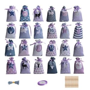 24pcs No&euml;l Adventcalendar Sacs De No&euml;l, Le Compte &Agrave; Rebours Des Sacs-Cadeaux En Tissu R&eacute;utilisable Sacs-Cadeaux Avec Cordon De Serrage B - Neuf