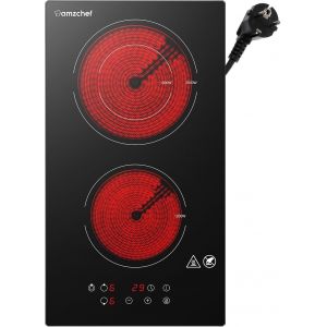 Checarzhn--No1-Plaque Vitrocéramique 2 Feux,Table De Cuisson Vitrocéramique Avec Verre Cristal Noir Poli, Zone De Chauffage En Trois Tailles, Minuterie,3200w, Convient À Tous Les Ustensiles De Cuisin - Neuf