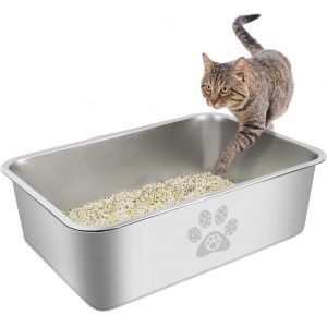 Bac À Litière Pour Chat En Acier Inoxydable,Grand Bac À Litière En Métal Pour Chat,Bac À Crottes De Chat Anti-Éclaboussures Sans Odeur Et Antiadhésif Outil De Nettoyage Pour Animaux 50x35x15cm - Neuf