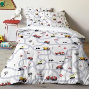 Ulteronixshop-Housse De Couette Voiture 140x200 Enfant Gar&ccedil;on Tracteur Literie Avec Panneaux De Signalisation Et Routes Parrure De Lit Pour Ado Housse De Couette Microfibre 140x200 + 1 Taie D'oreille - Neuf