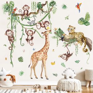 ERYI-Stickers Muraux Animaux De La Jungle Tropicales Arbre Branche Autocollants Muraux Mural Stickers Safari Girafe Singe Léopard Pour Chambre Enfants Bébé Pépinière Salon - Neuf