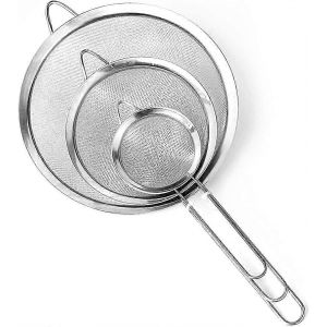 Lot De 3 Tamis À Mailles Fines,Passoire De Cuisine Avec Poignée,Tamis À Farine En Acier Inoxydable,Pour Égoutter La Poudre De Nouilles Pâte De Riz Légume Blanc D'oeuf - Neuf