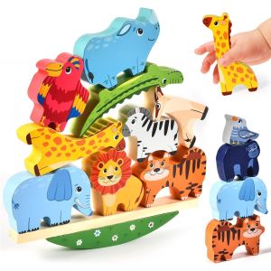 Wooden Stacking Toy Animals Wooden Block Building Blocks Stacking Balance Games Montessori Educational Toys for Kids Baby 2 3 4 Years Old - Neuf