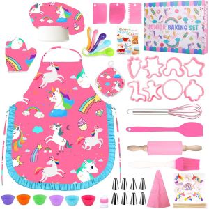 Ensemble de Cuisine et pâtisserie pour Enfants-49PCS Kit Patisserie Enfant,Y Compris Tablier Cuisine Enfant,Toque de Chef,Les Gants,Jeu de rôle de Chef Accessoire pour Fille de 3 à 10Ans - Neuf