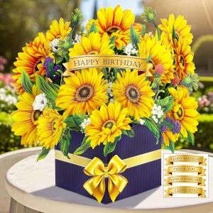 Carte Anniversaire Femme, Tournesol Carte Anniversaire avec Enveloppe et DIY Autocollants, 3D Fleurs Carte Pop Up pour Maman Épouse Petite Amie Famille Collègue, Cadeau Femme - Neuf