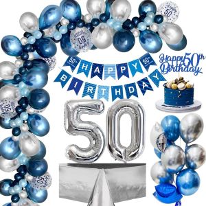 CAUC-Decoration Anniversaire 50 Ans Homme, 50e Ballon Anniversaire Bleu Argent, Joyeux Anniversaire Banni&egrave;re 50 Ans Ballon Confettis Argent Nappe pour 50 Ans Anniversaire Homme R&eacute;utilisable - Neuf