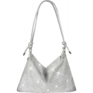 SJZG-Pochette Soir&eacute;e, Sacs En Strass &Agrave; La Main, Sac Soir&eacute;e En Brillant Argent&eacute; Avec Cha&icirc;ne, Bandouliere Cha&icirc;ne Chic Et Elegant, Sacoche Fourre-Tout, Ceremonie Mariage Parti Prom (Bretelles Rondes) - Neuf