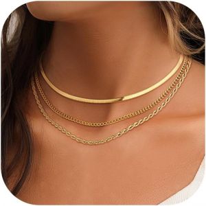 Kal-3 Pcs Collier Acier Inoxydable Plaqu&eacute; Or 14k Collier Femme Filles Collier Cha&icirc;ne Serpent Or R&eacute;glable Cha&icirc;ne Plate Fine Collier Ras Du Cou Empilable Figaro Chaine Serpent Dor&eacute; Chaine Bijoux - Neuf