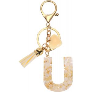 KAL-Porte-Cl&eacute;s Alphabet Initiale, Porte-Cl&eacute;s Mignon En R&eacute;sine Avec Pompon Coeur Lettre U Pendentif Charme Pour Femmes Porte-Monnaie Sac &Agrave; Main Sac &Agrave; Dos Accessoires, Beige - Neuf