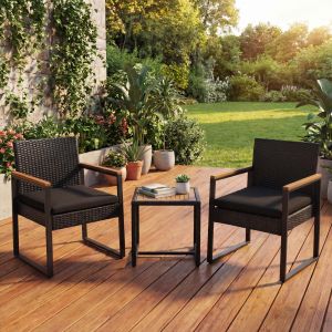 Ensemble En Polyrotin Hwc-P74, Salon De Jardin 2x Chaises Et Table, Bois D'acacia, Tissu 180 G/M&sup2;Noir, Coussins Noirs - Neuf
